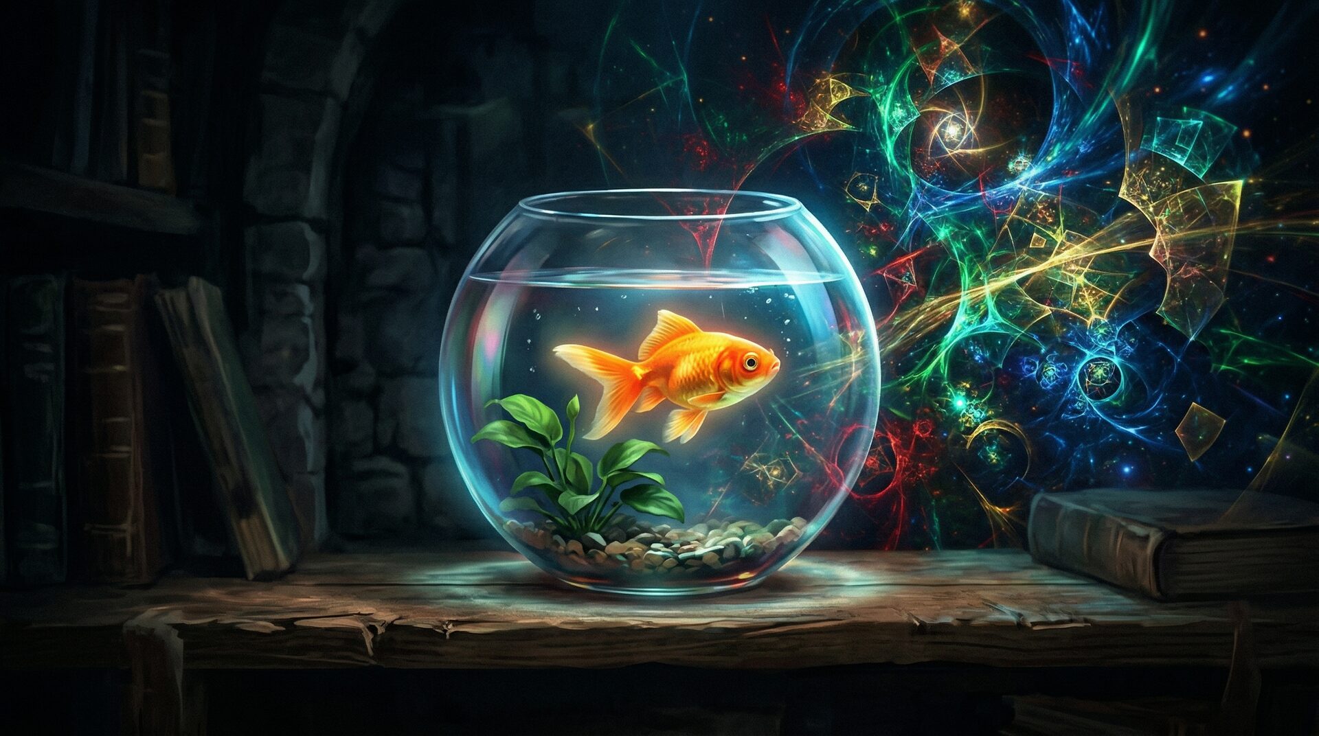 A goldfish in a bowl, with hidden dimensions visible beyond the glass