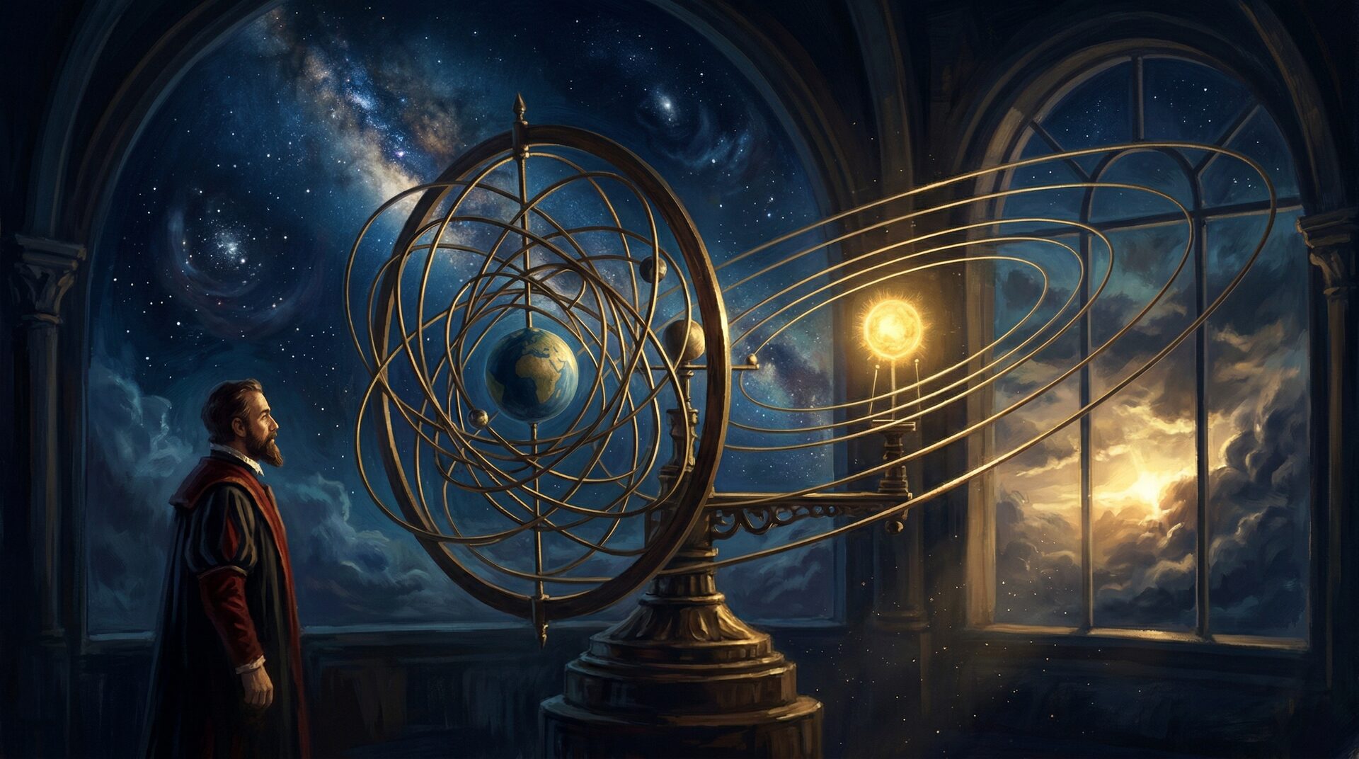 Copernicus gazing at an orrery — the moment of paradigm shift